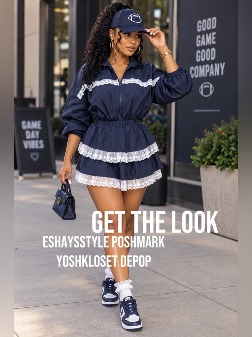 Navy Blue Tiered Lace Trim Skirt Set